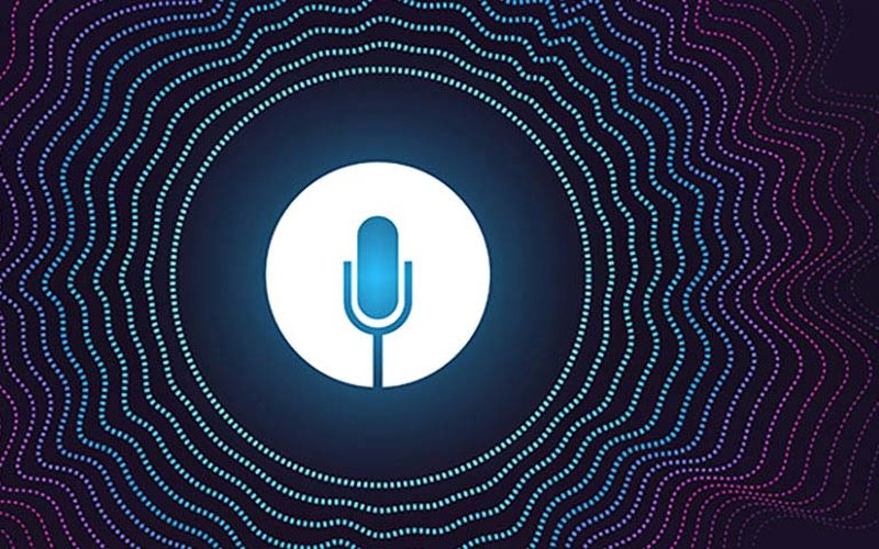 Microphone icon surrounded by glowing sound waves