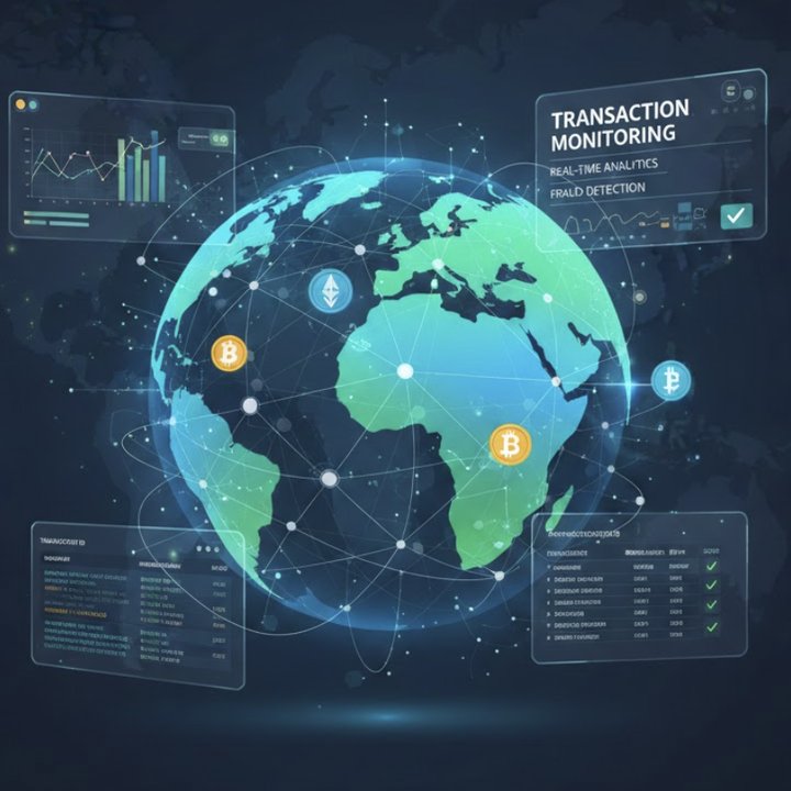 Globe with cryptocurrency transaction monitoring overlays