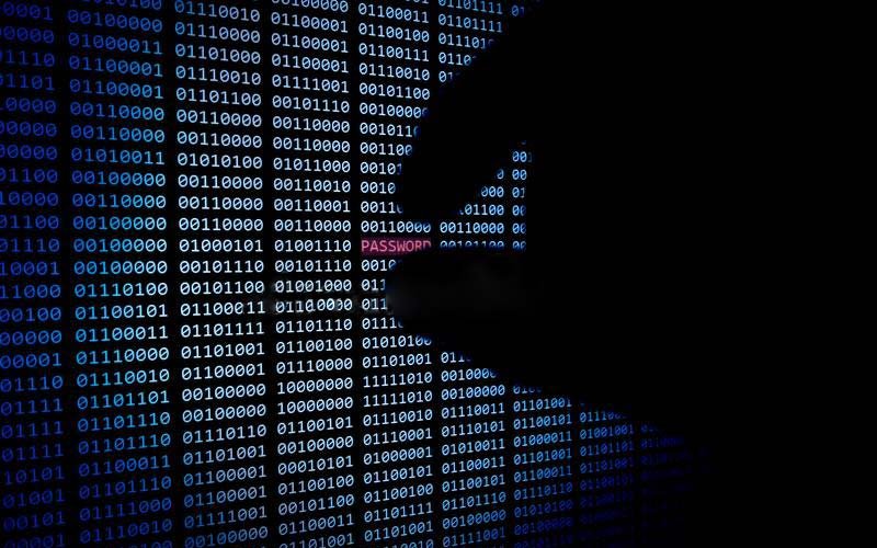 Binary code streaming across a dark screen revealing a password