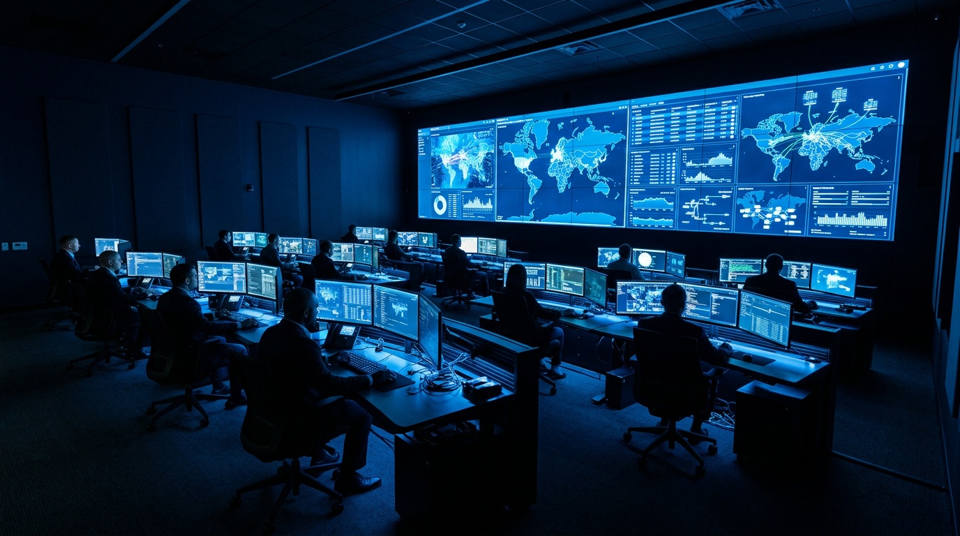 Security operations centre with a large monitoring video wall